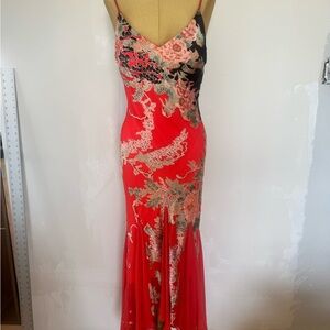 Sue Wong Red Floral Slip Maxi Dress with Black Accents
